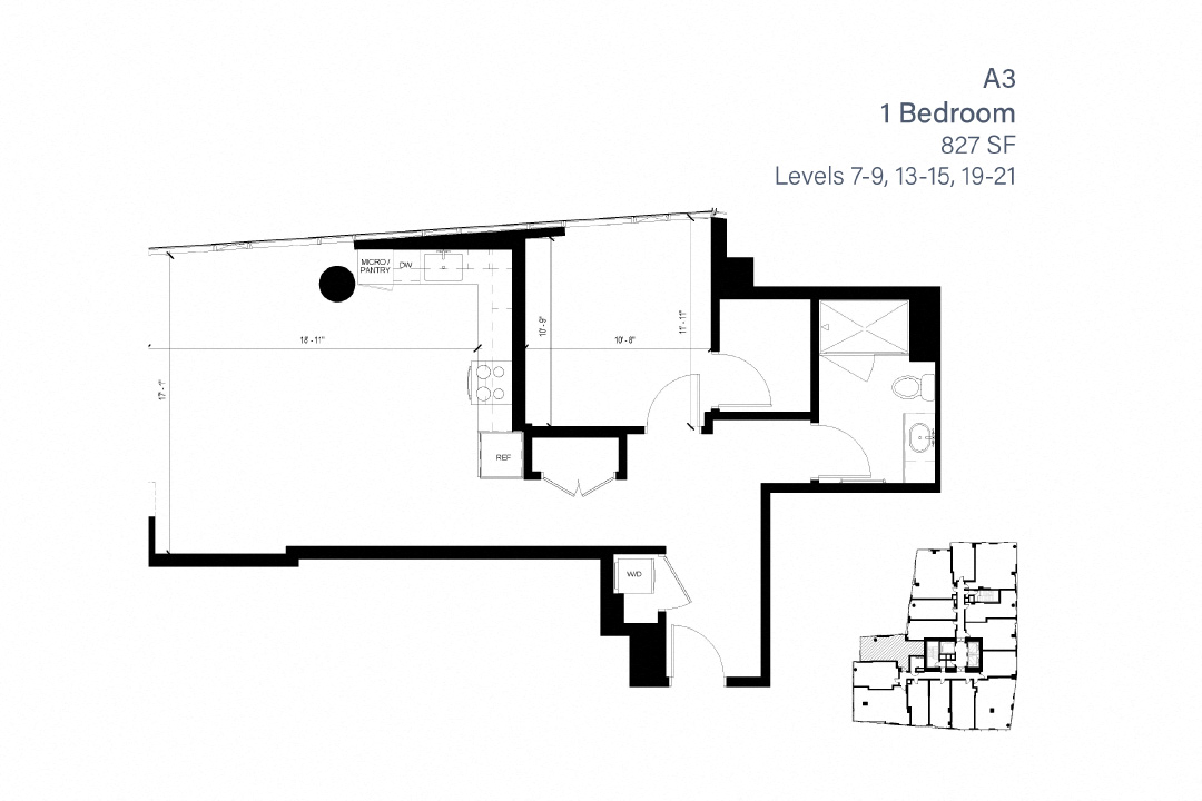 Floor plan for 1 bed, 1 bath, 827 sqft